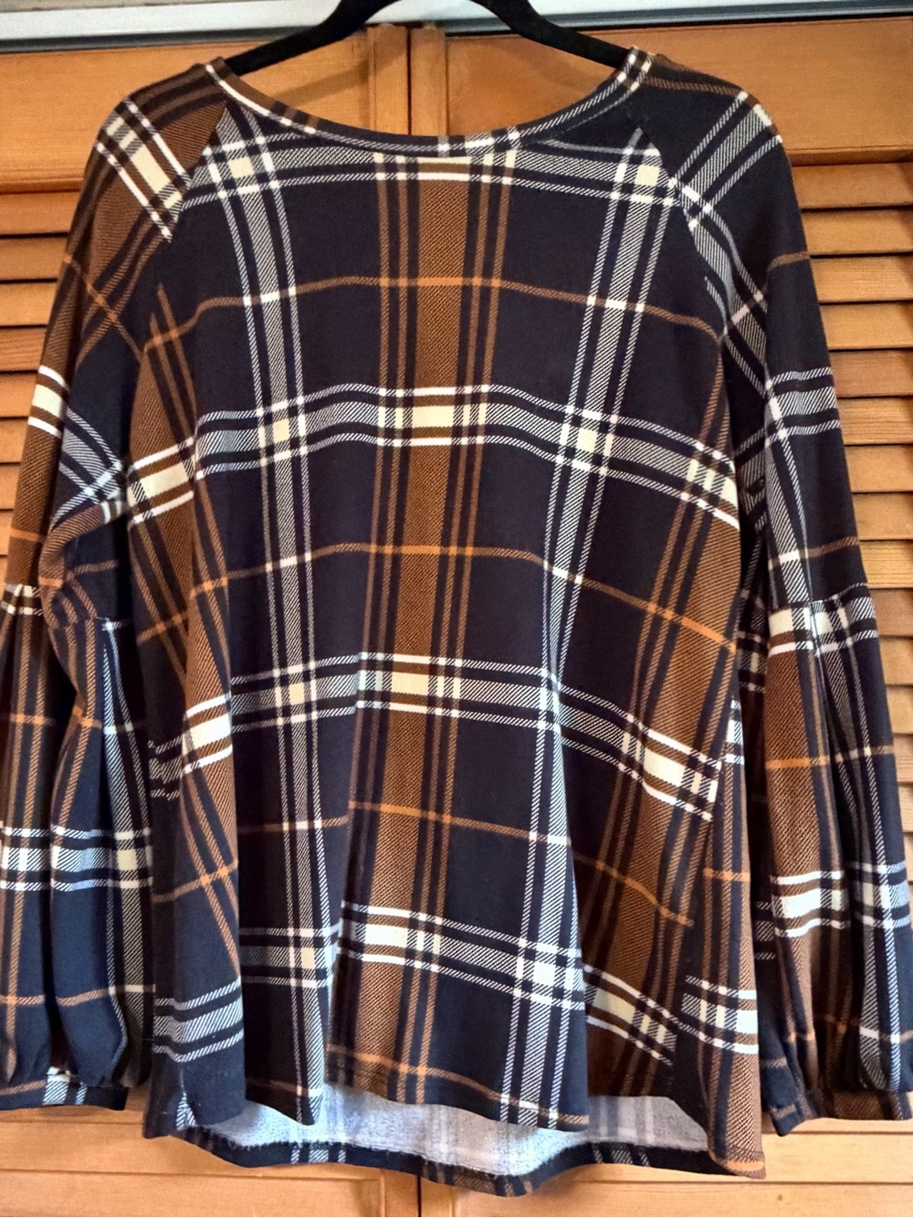 Perfect Plaid Bell Sleeve Top Navy Brown Size M